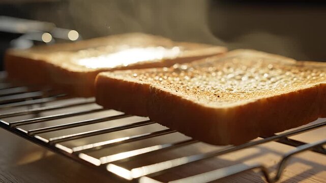 Closeup of golden brown toast cooking in a toaster oven.