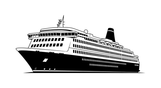 Detailed black silhouette of a large cruise ship with multiple decks and a smokestack silhouette high quality professional detailed modern elegant stylish clean crisp