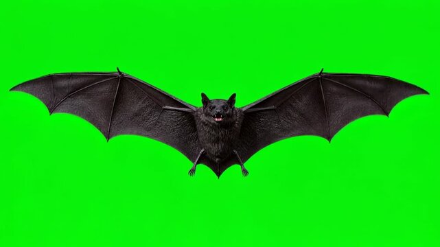 Spooky Black Bat Flying Forward with Realistic Wing Flapping Motion on Green Screen Background Chroma Key Halloween Asset