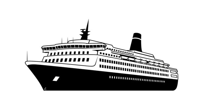Detailed black silhouette of a large cruise ship with multiple decks and smokestack isolated on a white background silhouette high quality professional detailed modern