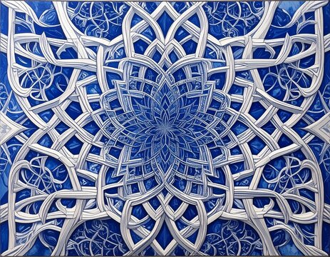 Woven Fractal Geometry: Intricate white geometric patterns resembling spun fibers intersecting on a deep royal blue background with fractal details