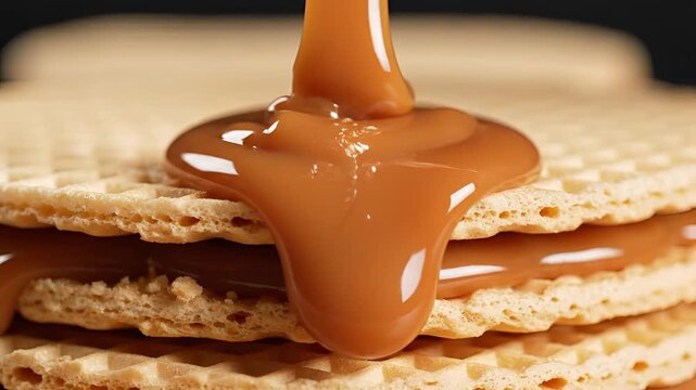 Delicious caramel sauce pouring onto stacked cookies closeup.