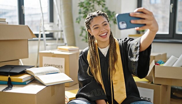 Smiling young woman in graduation gown taking a selfie with a smartphone. Happy graduate surrounded by moving boxes in a dorm room. Academic achievement and relocation concept