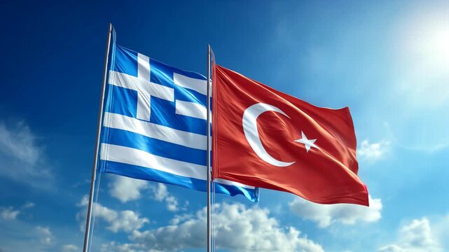 greek flag waving next to turkish flag in blue sky. relations greece turkey turkiye