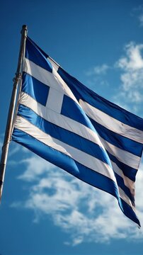 greece greek flag waving in blue sky