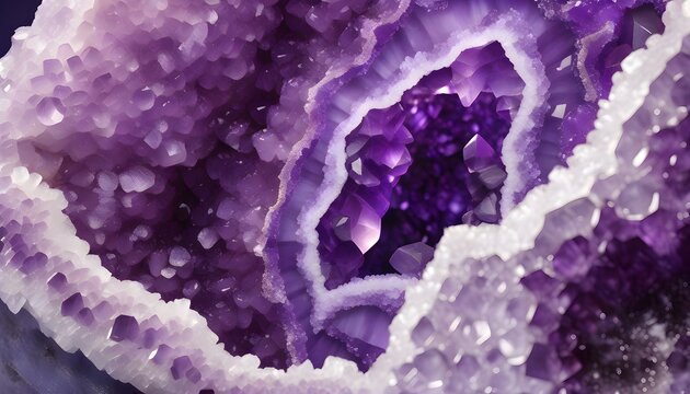 Photorealistic abstract cross-section of a geode crystal cave, purple amethyst and white quartz layers with extreme macro, representing creative design, digital art, and visual aesthetics