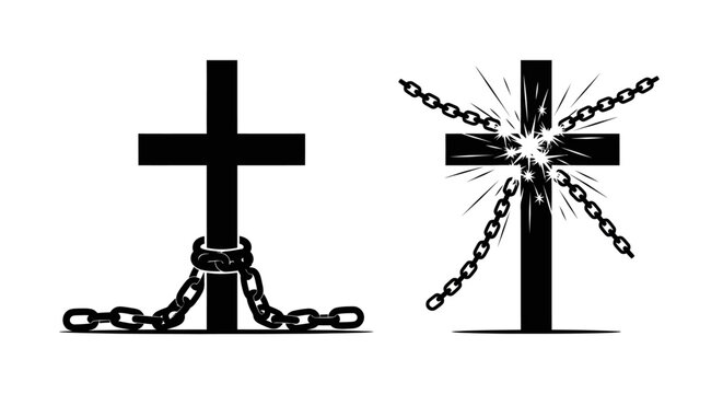 Two black christian crosses with broken chains dramatic silhouette illustration on a white background high quality professional detailed modern elegant stylish clean crisp vibrant
