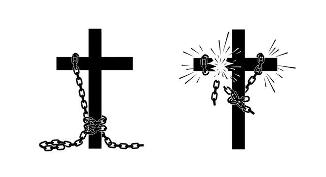 Black silhouette of a christian cross with chains breaking apart against a white background silhouette high quality professional detailed modern elegant stylish clean crisp