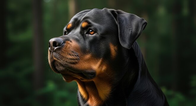 Proud portrait of a Rottweiler dog (Canis lupus familiaris), majestic domestic pet with short black and tan fur in profile against a blurry green forest background