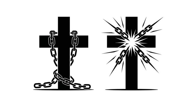 Black christian cross with broken chains and radiating light graphic silhouette high quality professional detailed modern elegant stylish clean crisp vibrant colorful digital creative