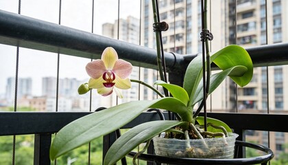 Fototapeta premium Phalaenopsis orchid flower in bloom on an urban balcony.