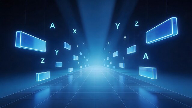 Blue neon letters and blocks in corridor