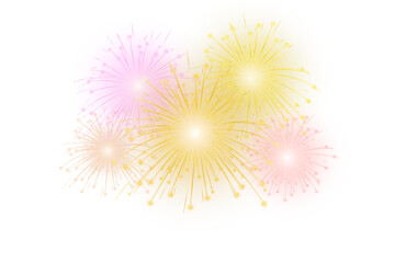 Obraz premium Collection of golden light fireworks on transparent PNG background. Vector New Year firework set for holiday decoration, poster, banner, wallpaper, and festive cover design art.