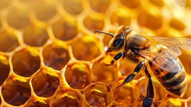 Bee harvesting honey from hexagonal cells, pollinator in apiary, apiculture, honey production, insect worker, natural sweetener source.