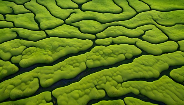Photorealistic abstract  of Icelandic moss landscape, bright green organic carpet texture with drone, representing aerial technology, autonomous systems, and innovative logistics