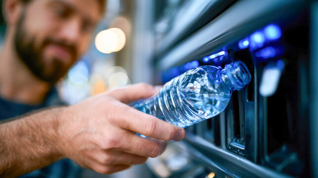 Hand inserting an empty plastic water bottle into a reverse vending machine, showing recycling, sustainability, and circular economy