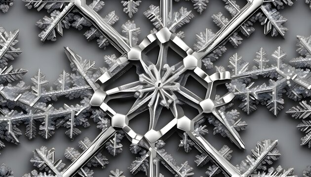 Photorealistic abstract scanning electron microscope view of snowflake crystal, silver white with dark bg, representing creative design, digital art, and visual aesthetics