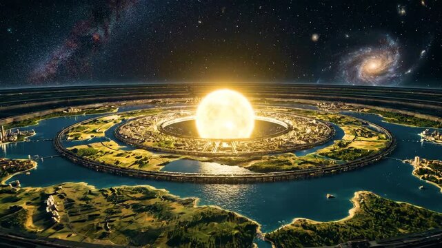 A massive futuristic megastructure ring encircles a glowing bright sun or star in deep space. This cinematic 3D scifi animation features detailed terraformed surfaces with islands and water under a st