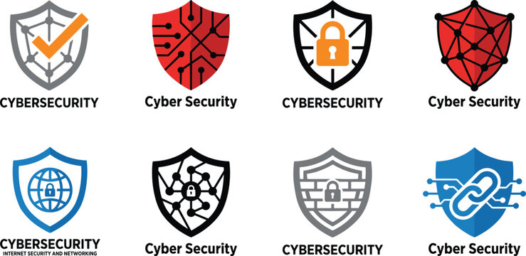 Cybersecurity shield logo icons set featuring network data protection security badges and digital privacy concepts vector illustration