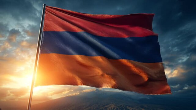 armenia armenian flag waving in sunset sky