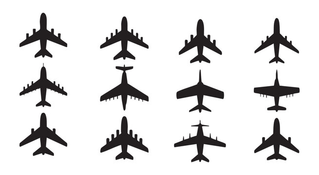 Set of top view airplane silhouettes isolated for aviation charts and aerial transport projects.
