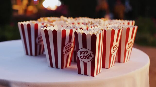 Popcorn boxes on catering table at outdoor wedding party or cinema night event decoration in 4k slow motion. Classic red and white striped snacks boxes for festive holiday celebration.