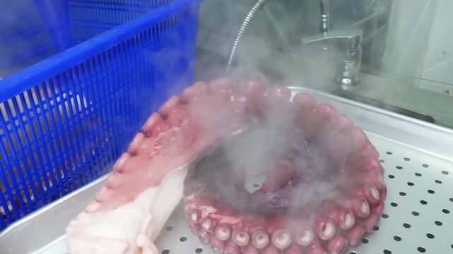 High-quality close-up footage of a professional chef preparing a massive, fresh Giant Pacific Octopus (Mizudako) tentacle. The footage captures the traditional Japanese process of boiling the arm, sho