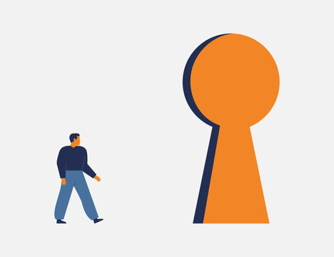 man moving toward to the large keyhole-shaped doorway. New opportunity in business, career. Innovation and creative ideas. Vector illustration