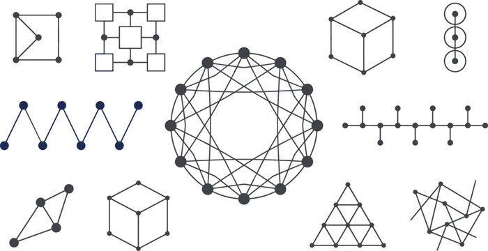 Geometric network connection icons with abstract data structures sacred geometry shapes cubes and molecular lattice vector illustration