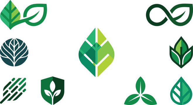 Green leaf logo icon bundle featuring infinity loops shields and geometric organic shapes for sustainable eco brand identity