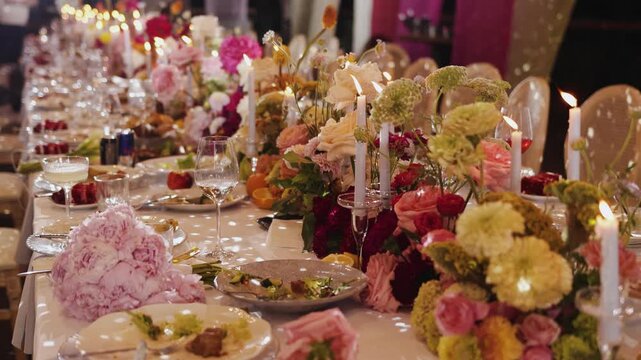 Wedding table decoration with luxury floral arrangements and burning candles for elegant banquet reception in 4k slow motion. Festive dinner serving layout, anniversary event venue.