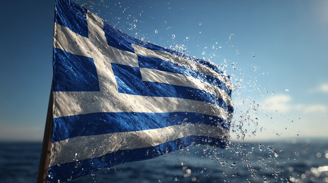 greece greek flag waving at sea