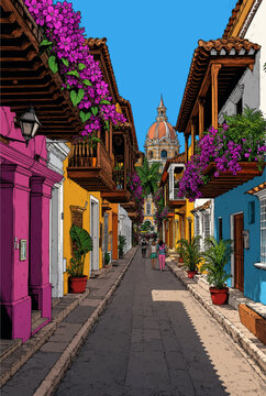 Illustration of a walled city in the colonial heritage style, intangible heritage construction for a postcard, souvenirs