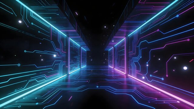 Futuristic neon circuit corridor