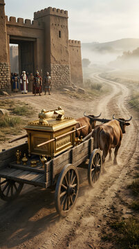 Ancient ark on wooden cart pulled by oxen near fortress gate at bright sunrise.