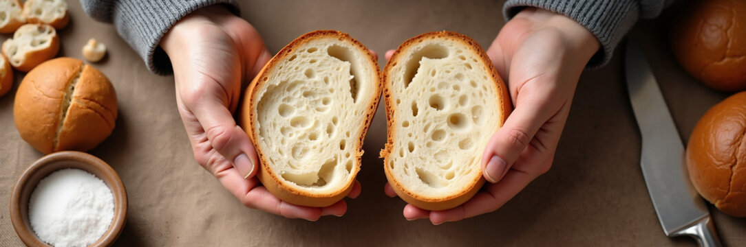 Freshly baked bread rolls split in half revealing soft interior, hands holding warm bread showing texture, culinary delights for baking enthusiasts.