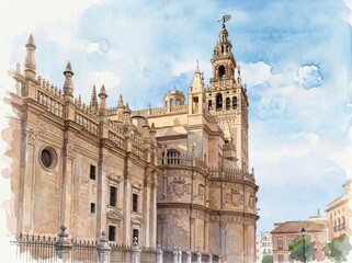 Naklejka premium Giralda Tower & Cathedral in Watercolor Style — Digital Art from Real Photography