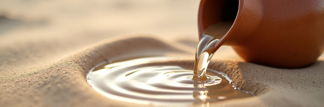 Water pouring from clay jug onto sand creating ripples in serene desert landscape. Flowing water reflects sunlight while forming gentle waves in soft sandy surface.