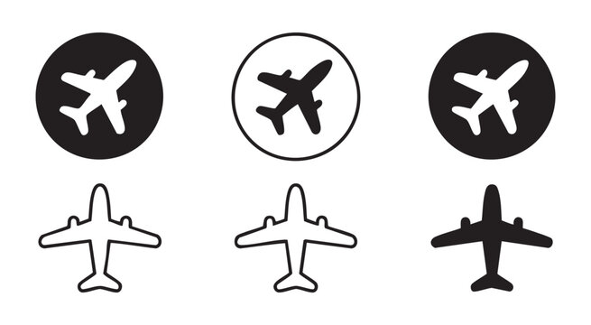 Vector icon set of airplanes inside circles and standalone symbols for travel and aviation design.