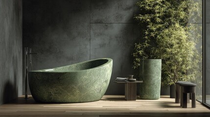 Fototapeta premium Modern bathroom interior featuring a futuristic olive green mineral-inspired bin with natural stone texture. Climbing plant adds soft organic contrast.