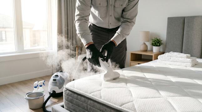 Professional housekeeping service worker cleaning and disinfecting a white bedroom mattress with a hot steam vapor machine to remove dust mites and bacteria