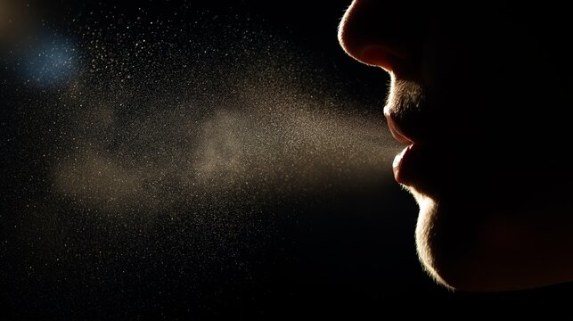 Human mouth exhaling a cloud of fine particles and dust into the air, backlit dramatically on a dark background, showing airborne elements