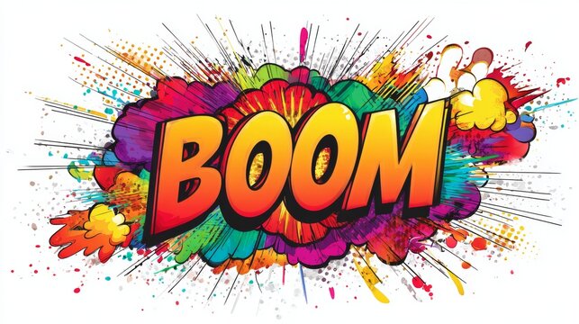 Pop art comic text BOOM exploding with vibrant colors, dynamic lines, and halftone dots, creating an impactful visual