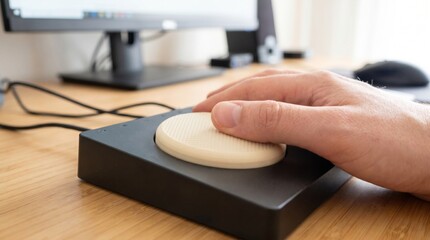 Hand pressing large button on ergonomic adaptive computer mouse on modern office desk