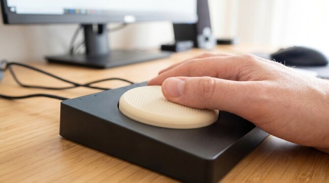Hand pressing large button on ergonomic adaptive computer mouse on modern office desk