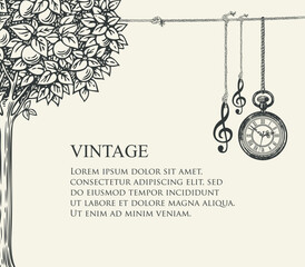 Fototapeta premium A vintage-style vector frame or banner with space for text featuring an apple or orange tree and a rope with a treble clef and clock. Suitable for certificates, book fairs, educational institutions