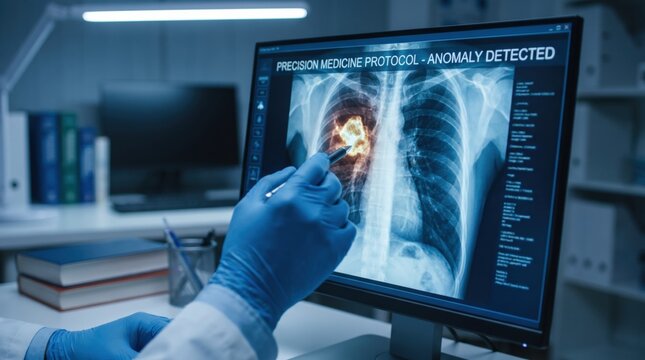 Medical professional pointing at computer monitor showing lung anomaly detected on chest xray