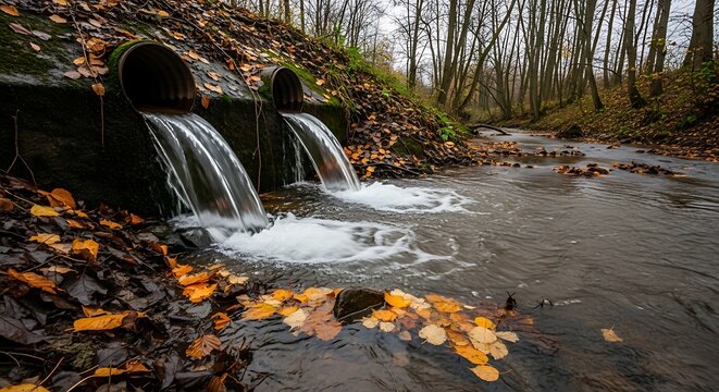 Twin Drainage Pipes Pouring Water Into Autumn Forest Creek