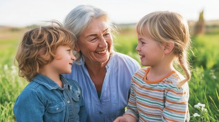 Fototapeta premium Smiling grandmother sharing a joyful moment with two young grandchildren, fostering a loving generational connection