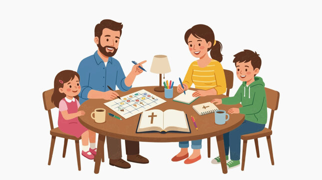 A Christian family gathered around a table for Bible study, reading, and activities. The parents are engaged with their children, fostering a sense of togetherness and faith